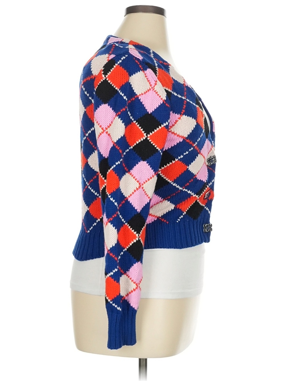 Ganni Blue Argyle V-Neck Cardigan with Pink and Red Accents - Picture 9 of 14